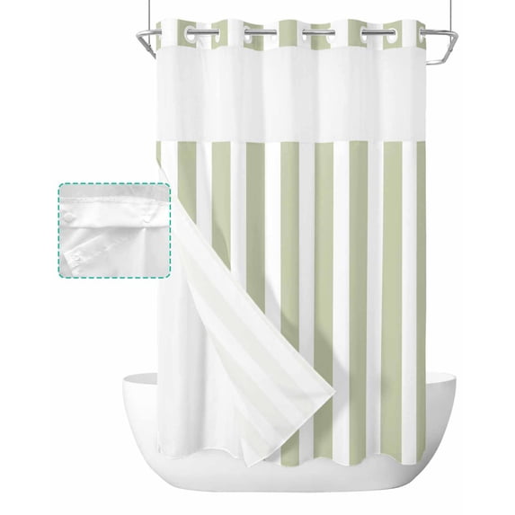No Hook Shower Curtain with Snap in Liner, Sage Green and White Striped Geometric Hotel Shower Curtains for Bathroom, Washable Shower Curtain Liner Set with Mesh Top Window, 54"x78"