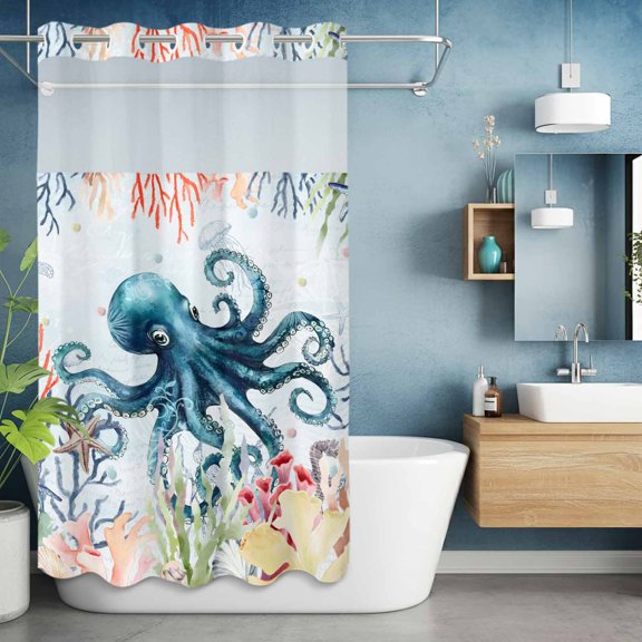 No Hook Shower Curtain with Snap in Liner, Sea Octopus Coral Seaweed Waterproof Fabric Bathroom Curtain Mesh Top Window, Monster Blue Ocean Shower Curtains 36x72in