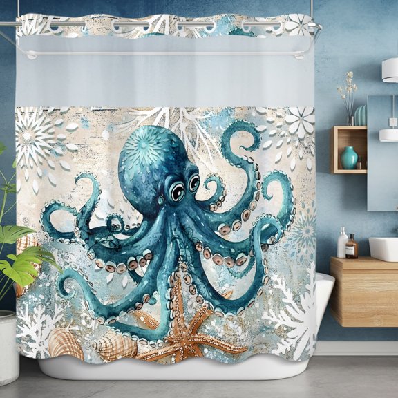 No Hook Shower Curtain with Snap in Liner, Sea Octopus Monster Starfish Shell Waterproof Fabric Bathroom Curtain Mesh Top Window, Blue Gradient Abstract Flower Shower Curtains 72x72in