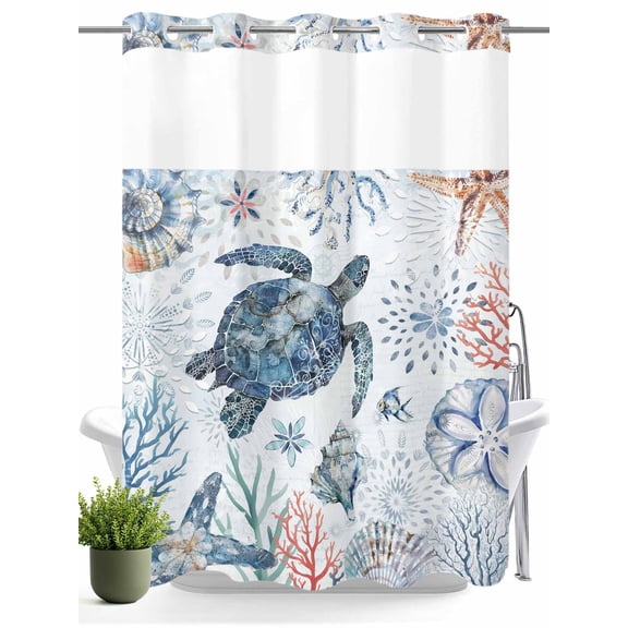 No Hook Shower Curtain with Snap in Liner,Sea Turtle Blue Ocean Shell Starfish Waterproof Bath Curtain Double Layers with See Through Top Window,Coral Marine Life Hotel Shower Curtains 60x72in
