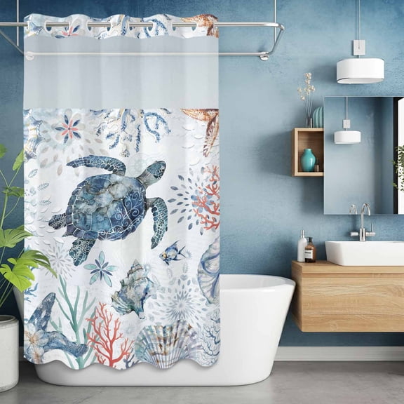 No Hook Shower Curtain with Snap in Liner, Sea Turtle Blue Ocean Shell Starfish Waterproof Fabric Bathroom Curtain Mesh Top Window, Coral Marine Life Shower Curtains 36x72in