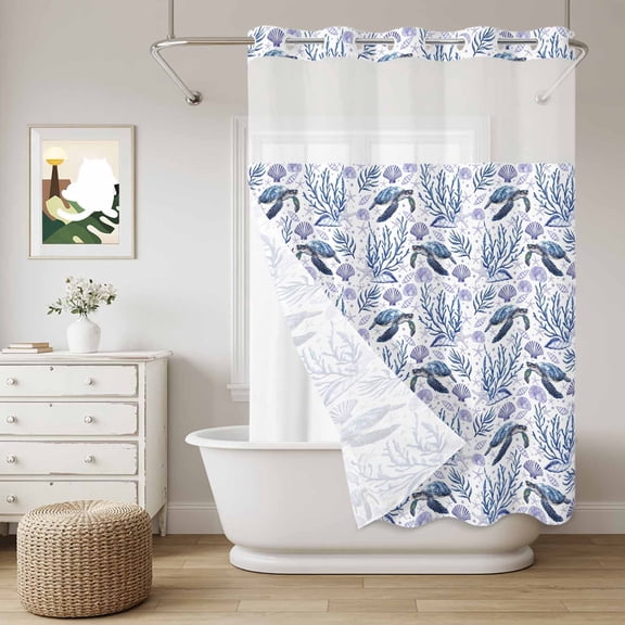 No Hook Shower Curtain with Snap in Liner, Sea Turtle Shell Coral Seamless Curtain Set See-Through Top Double Layers Summer Ocean Theme Shower Curtains for Bathroom Decor, 60x72in