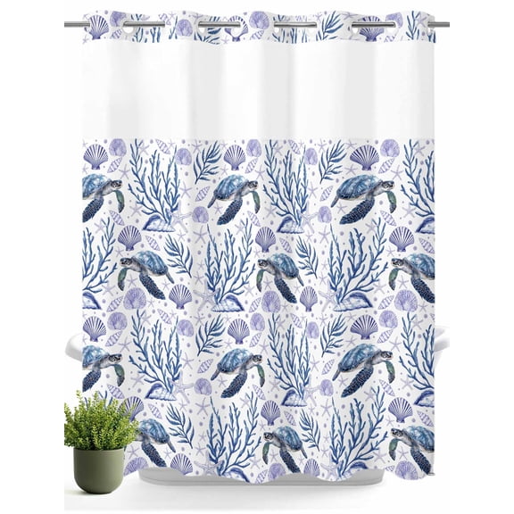 No Hook Shower Curtain with Snap in Liner,Sea Turtle Shell Coral Seamless Waterproof Bath Curtain Double Layers with See Through Top Window,Summer Ocean Theme Hotel Shower Curtains 72x72in