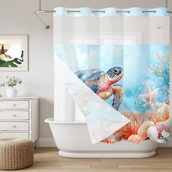 No Hook Shower Curtain with Snap in Liner, Sea Turtle Shell Starfish Coral Curtain Set See-Through Top Double Layers Blue Ocean Marine Life Shower Curtains for Bathroom Decor, 72x72in