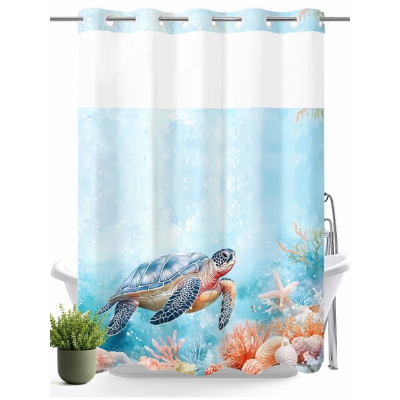 No Hook Shower Curtain with Snap in Liner,Sea Turtle Shell Starfish Coral Waterproof Bath Curtain Double Layers with See Through Top Window,Blue Ocean Marine Life Hotel Shower Curtains 60x72in