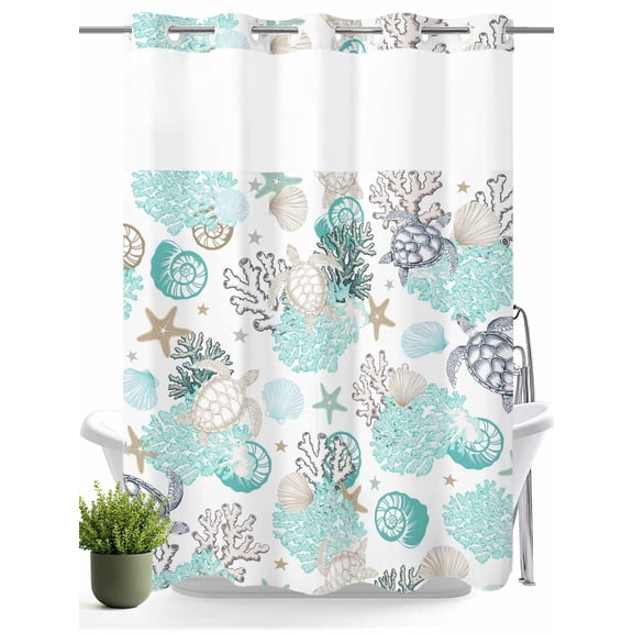 No Hook Shower Curtain with Snap in Liner,Sea Turtle Starfish Shell Coral Waterproof Bath Curtain Double Layers with See Through Top Window,Marine Life Art Hotel Shower Curtains 60x72in