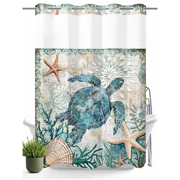 No Hook Shower Curtain with Snap in Liner,Sea Turtle Starfish Shell Coral Waterproof Bath Curtain Double Layers with See Through Top Window,Summer Ocean Animal Hotel Shower Curtains 60x72in