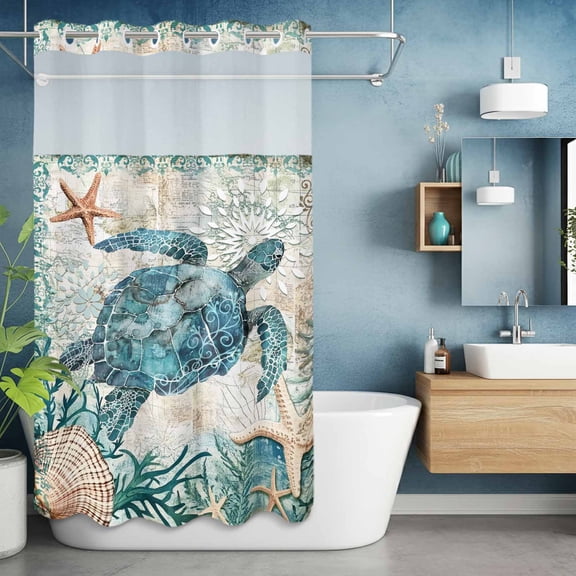 No Hook Shower Curtain with Snap in Liner, Sea Turtle Starfish Shell Coral Waterproof Fabric Bathroom Curtain Mesh Top Window, Summer Ocean Animal Shower Curtains 36x72in