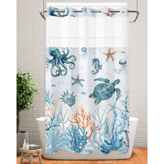No Hook Shower Curtain with Snap in Liner,Sea Turtles Corals Waterproof Bath Curtain Double Layers with See Through Top Window,Marine Life Eight-clawed Fish Hotel Shower Curtains 36x72in
