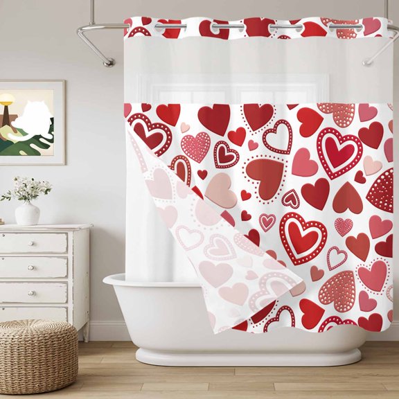 No Hook Shower Curtain with Snap in Liner, Seamless Romantic Love Heart Curtain Set See-Through Top Double Layers Valentine's Day Sweet Hearts Shower Curtains for Bathroom Decor, 72x72in