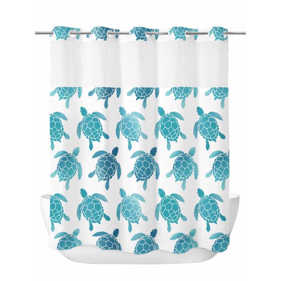 No Hook Shower Curtain with Snap in Liner Set Blue Geen Sea Turtle Shower Curtains for Bathroom Waterproof Summer Marine Life Bath Curtain with See Through Mesh Top Window for Hotel Spa 72x72