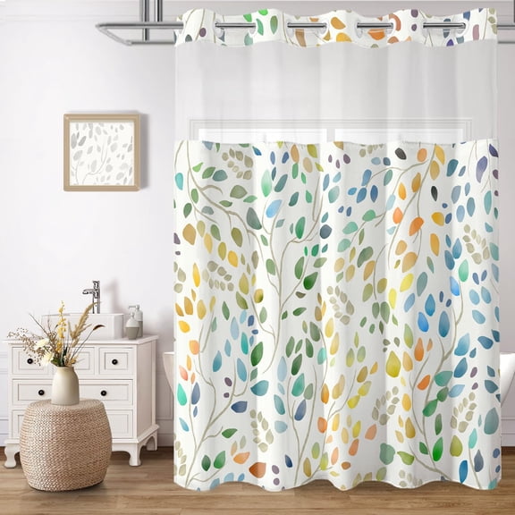 No Hook Shower Curtain with Snap in Liner Set, Boho Colorful Leaves Design, Waterproof Washable Fabric Floral Shower Curtains for Bathroom Decor with See Through Mesh Top Window 71x74 Inch