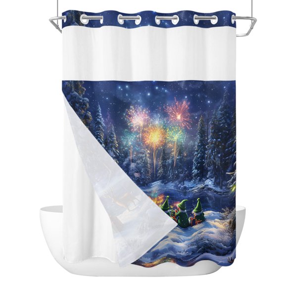 No Hook Shower Curtain with Snap in Liner Set Christmas Santa Claus Elves Watching Fireworks Bathroom Curtains with See Through Mesh Top Window,Winter Snowflakes Waterproof Shower Curtain 48x72In