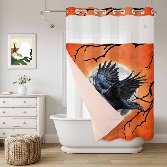 No Hook Shower Curtain with Snap in Liner Set Crow Halloween Horror Dead Branch Bathroom Curtains with See Through Mesh Top Window,Moon Orange Gradient Back Waterproof Double Shower Curtain 60x72In