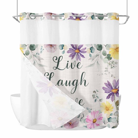 No Hook Shower Curtain with Snap in Liner Set Daisy Sunshine Shower Curtains for Bathroom Waterproof Butterfly Floral Eucalyptus Leaves Linen Bath Curtain with See Through Mesh Top Window 72x72