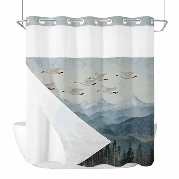 No Hook Shower Curtain with Snap in Liner Set Geese Shower Curtains for Bathroom Waterproof Forest Mountain Peak Landscape Bath Curtain with See Through Mesh Top Window for Hotel Spa 72x72