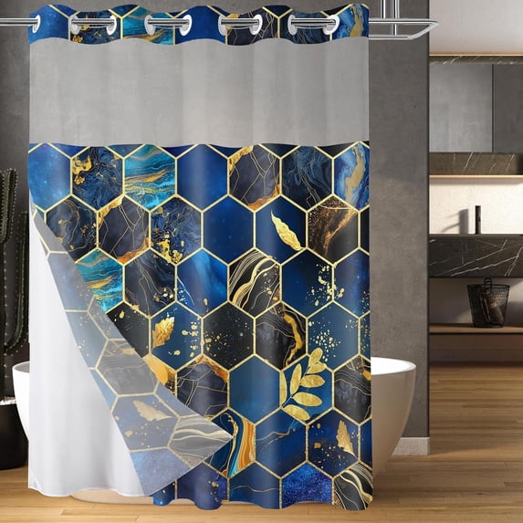 No Hook Shower Curtain with Snap in Liner Set, Modern Geometric Blue Marble Honeycomb Design, Waterproof Fabric Hotel Curtains for Bathroom See Through Mesh Top Window 71x74 Inch