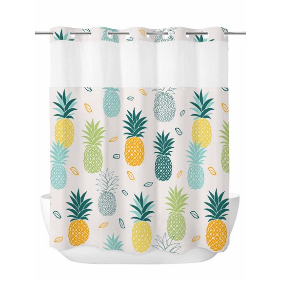 No Hook Shower Curtain with Snap in Liner Set Pineapple Shower Curtains for Bathroom Waterproof Summer Tropical Fruit Bath Curtain with See Through Mesh Top Window for Hotel Spa 72x72