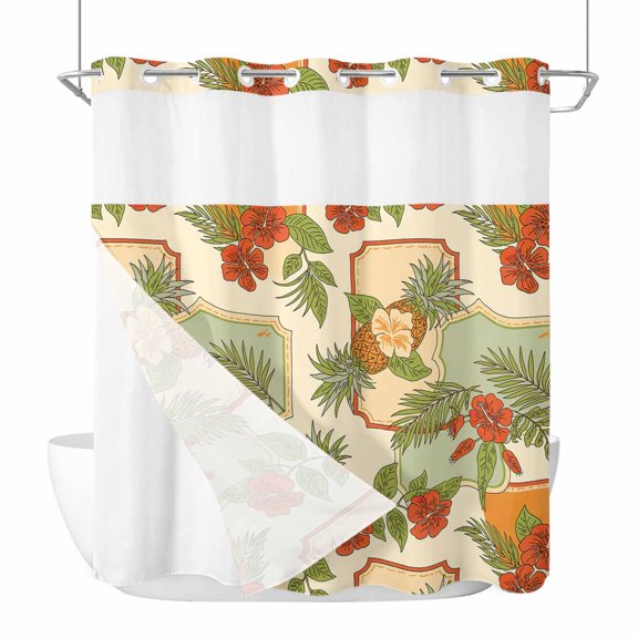 No Hook Shower Curtain with Snap in Liner Set Pineapple Shower Curtains for Bathroom Waterproof Tropical Fruit Palm Leaves Bath Curtain with See Through Mesh Top Window for Hotel Spa 72x72