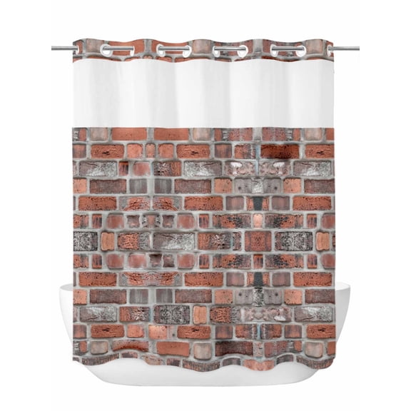 No Hook Shower Curtain with Snap in Liner Set Red Bricks Walls Shower Curtains for Bathroom Waterproof Retro Art Bath Curtain with See Through Mesh Top Window for Hotel Spa 72x72