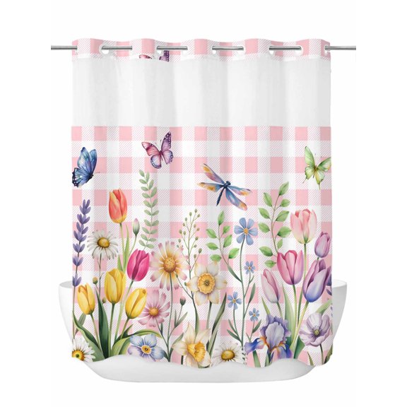 No Hook Shower Curtain with Snap in Liner Set Tulip Daisy Flowers Shower Curtains for Bathroom Waterproof Butterfly Dragonfly Pink Buffalo Plaid Bath Curtain with See Through Mesh Top Window 72x72