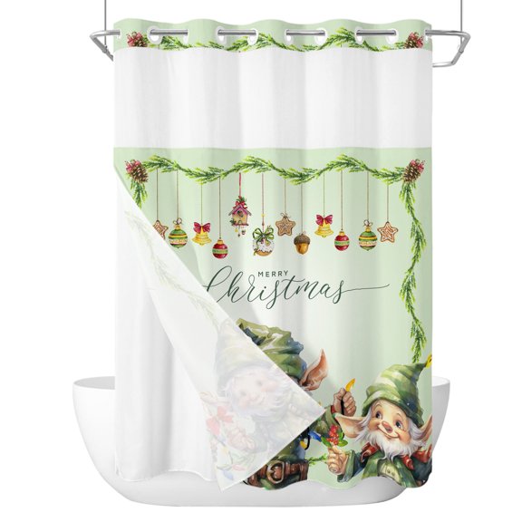 No Hook Shower Curtain with Snap in Liner Set Winter Green Elf Bathroom Curtains with See Through Mesh Top Window,Christmas Bell Star Pinecone Ball Ornament Waterproof Double Shower Curtain 48x72In