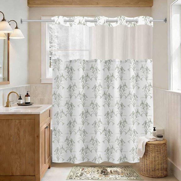 No Hook Shower Curtain with Snap in Liner Sets, Green Boho Floral Iris Flower Design, Waterproof Washable Fabric Curtain with See Through Mesh Top Window for Bathroom Decor 71x74 Inch