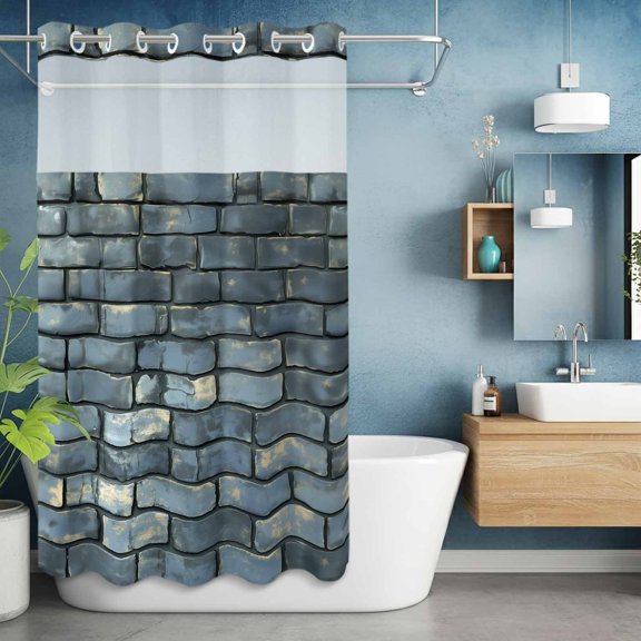 No Hook Shower Curtain with Snap in Liner, Shabby Rustic Old Brick Wall Waterproof Bath Curtain Double Layers with See Through Top Window, Vintage Brick Hotel Shower Curtains 36x72in
