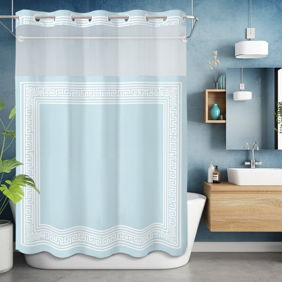 No Hook Shower Curtain with Snap in Liner, Sky Blue Greece Key Waterproof Bath Curtain Double Layers with See Through Top Window, Abstract Geometric Greece Hotel Shower Curtains 60x72in