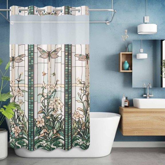 No Hook Shower Curtain with Snap in Liner, Spring Blossom Floral Dragonfly Waterproof Fabric Bathroom Curtain Mesh Top Window, Vintage Green Plants Colorful Plaid Shower Curtains 36x72in
