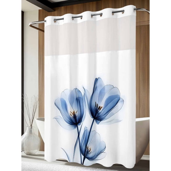 No Hook Shower Curtain with Snap in Liner, Spring Blossom Tulip Blue Flower Waterproof Fabric Bathroom Curtain Mesh Top Window, Abstract Transparent Floral Shower Curtains 60x72in