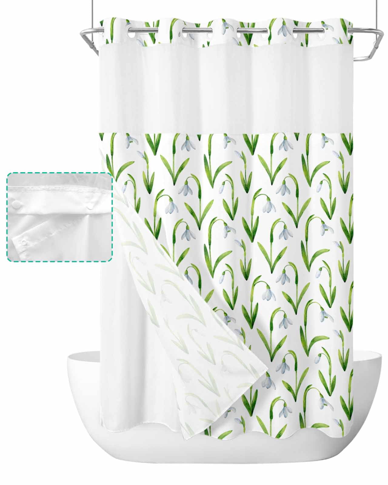 No Hook Shower Curtain with Snap in Liner, Spring Blue Tulip with Green