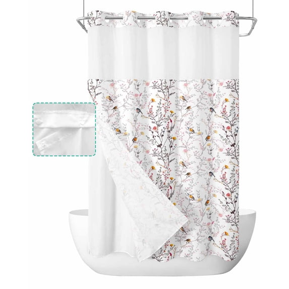 No Hook Shower Curtain with Snap in Liner, Spring Chrysanthemum Bird Vintage White Hotel Shower Curtains for Bathroom, Washable Shower Curtain Liner Set with Mesh Top Window, 36"x72"