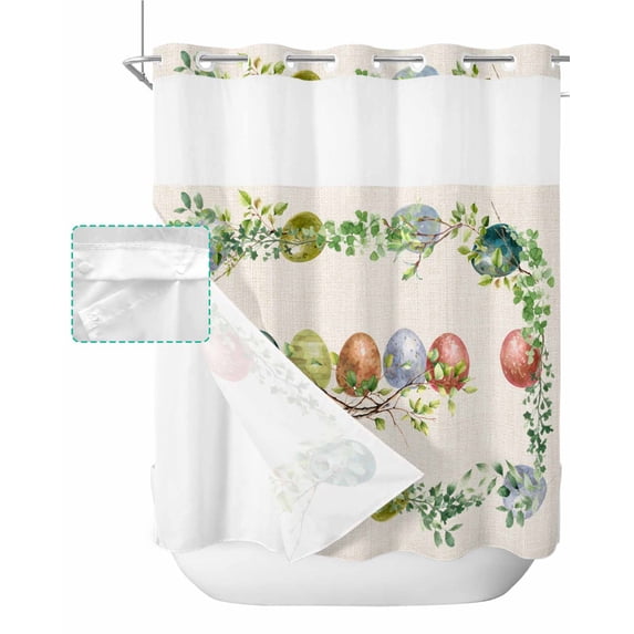 No Hook Shower Curtain with Snap in Liner, Spring Easter Hand Drawn Color Eggs Beige Hotel Shower Curtains for Bathroom, Washable Shower Curtain Liner Set with Mesh Top Window, 72”x78”