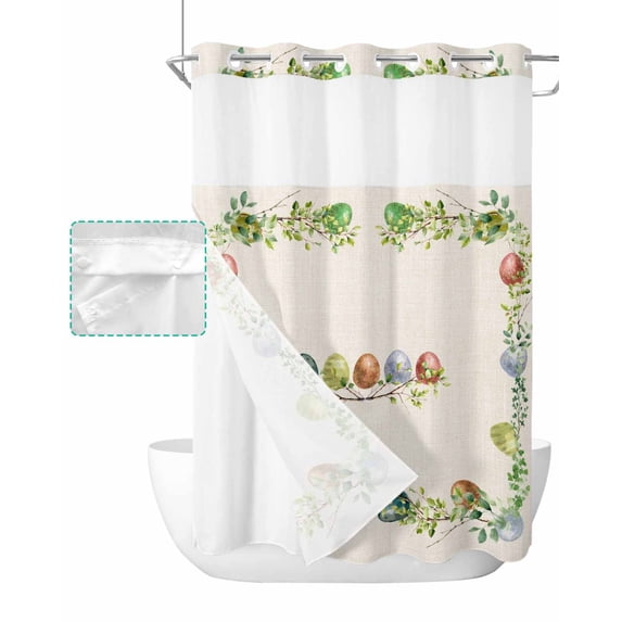 No Hook Shower Curtain with Snap in Liner, Spring Easter Hand Drawn Color Eggs Beige Hotel Shower Curtains for Bathroom, Washable Shower Curtain Liner Set with Mesh Top Window, 60"x72"