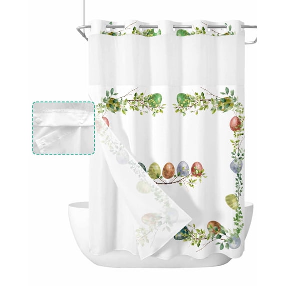 No Hook Shower Curtain with Snap in Liner, Spring Easter Hand Drawn Color Eggs Hotel Shower Curtains for Bathroom, Washable Shower Curtain Liner Set with Mesh Top Window, 72"x84"