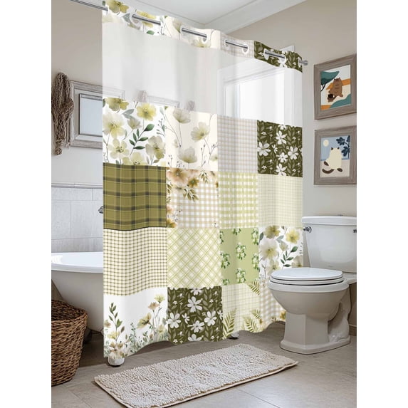 No Hook Shower Curtain with Snap in Liner, Spring Flower Leaf Buffalo Plaid Waterproof Bath Curtain Double Layers with See Through Top Window, Pastoral Floral Botanical Hotel Shower Curtains 72x84in
