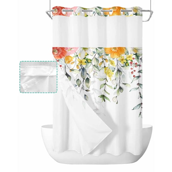 No Hook Shower Curtain with Snap in Liner, Spring Flower Plant Flowers Eucalyptus Leaves Hotel Shower Curtains for Bathroom, Washable Shower Curtain Liner Set with Mesh Top Window, 36"x72"