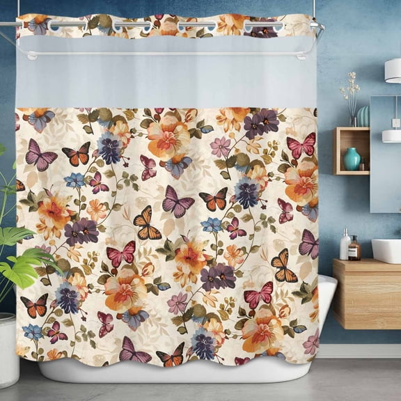 No Hook Shower Curtain with Snap in Liner, Spring Flower Watercolor Butterfly Seamless Waterproof Fabric Bathroom Curtain Mesh Top Window, Classic Floral Leaf Shower Curtains 72x72in