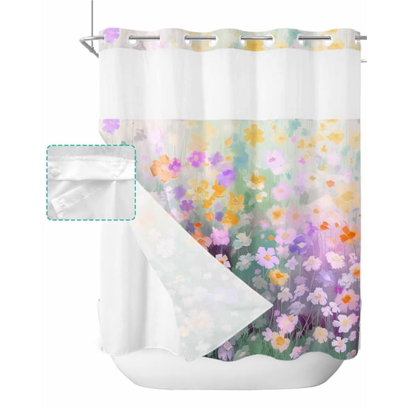 No Hook Shower Curtain with Snap in Liner, Spring Flowers Chrysanthemum Oil Painting Gradient Green Shower Curtains for Bathroom, Washable Shower Curtain Liner Set with Mesh Top Window, 72"x72"