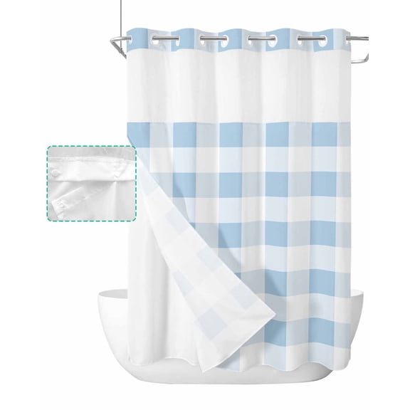 No Hook Shower Curtain with Snap in Liner, Spring Geometric Blue Plaid Hotel Shower Curtains for Bathroom, Washable Shower Curtain Liner Set with Mesh Top Window, 60"x72"