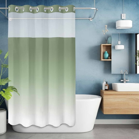 No Hook Shower Curtain with Snap in Liner, Spring Gradient Simplistic Waterproof Bath Curtain Double Layers with See Through Top Window, Simple Sage Green White Ombre Hotel Shower Curtains 36x72in