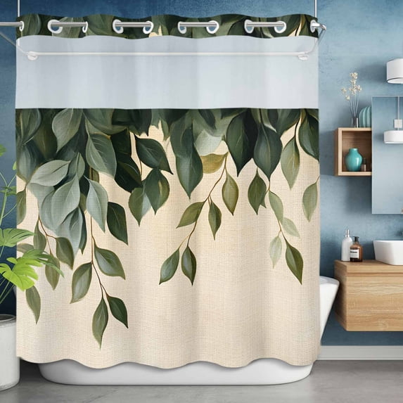 No Hook Shower Curtain with Snap in Liner, Spring Green Leaves on Vintage Linen Waterproof Fabric Bathroom Curtain Mesh Top Window, Watercolor Botanical Shower Curtains 72x72in