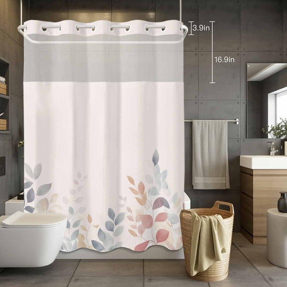 No Hook Shower Curtain with Snap in Liner, Spring Leaves Colorful Gradient Waterproof Fabric Bathroom Curtain Mesh Top Window, Farm Plant Sketch Art Shower Curtains 72x84in