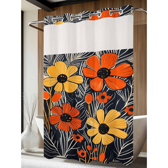 No Hook Shower Curtain with Snap in Liner, Spring Orange Yellow Flower on Black Waterproof Fabric Bathroom Curtain Mesh Top Window, Colorful Botanical Shower Curtains 60x72in