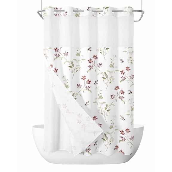 No Hook Shower Curtain with Snap in Liner Spring Summer Shower Curtain -Fabric Waterproof Inner Liner, Watercolor Flowers with Leaves Shower Curtains Washable 36"x78"