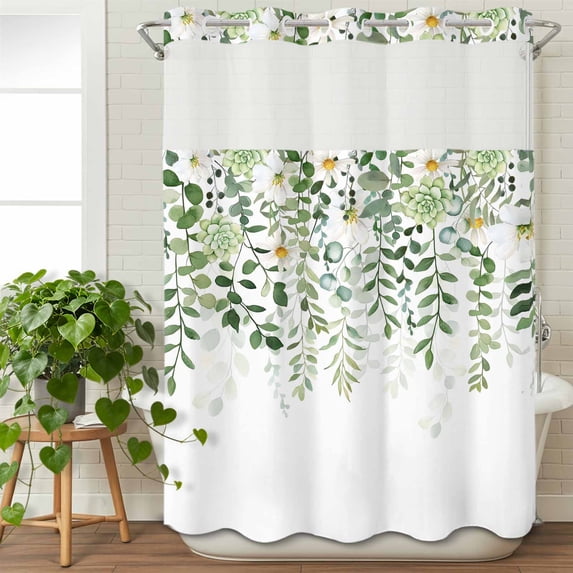 No Hook Shower Curtain with Snap in Liner, Spring Summer Succulent Eucalyptus Leaves Waterproof Fabric Bathroom Curtain Mesh Top Window, Sage Green White Shower Curtains 48x72in