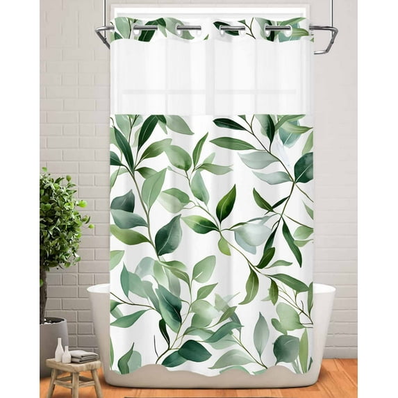 No Hook Shower Curtain with Snap in Liner,Spring Watercolor Eucalyptus Leaf Waterproof Bath Curtain Double Layers with See Through Top Window,Farm Ombre Green Leaves Hotel Shower Curtains 36x72in