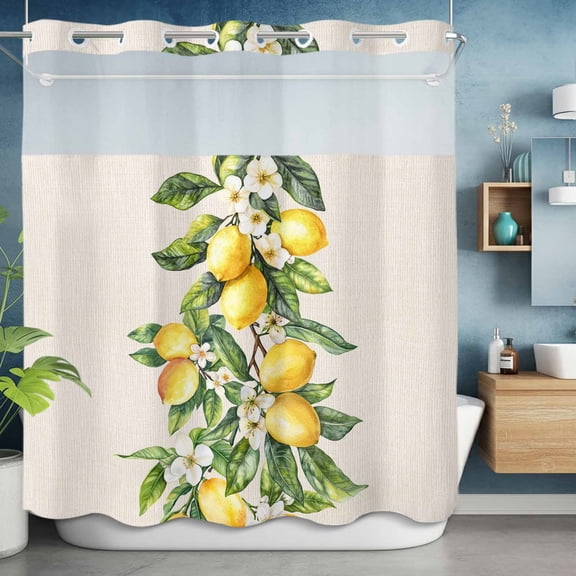 No Hook Shower Curtain with Snap in Liner, Spring Watercolor Lemon Flower Leaf Waterproof Fabric Bathroom Curtain Mesh Top Window, Summer Plant on Linen Shower Curtains 72x72in