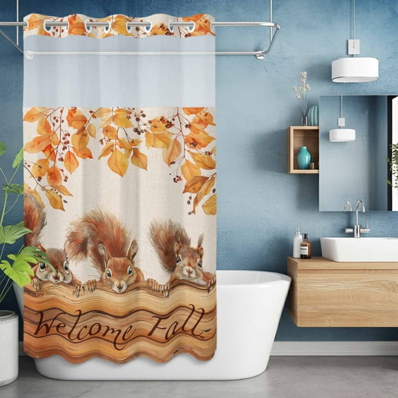 No Hook Shower Curtain with Snap in Liner, Squirrel Autumn Tree Deciduous Farm Animal Waterproof Fabric Bathroom Curtain Mesh Top Window, Vintage Wood Board Shower Curtains 36x72in